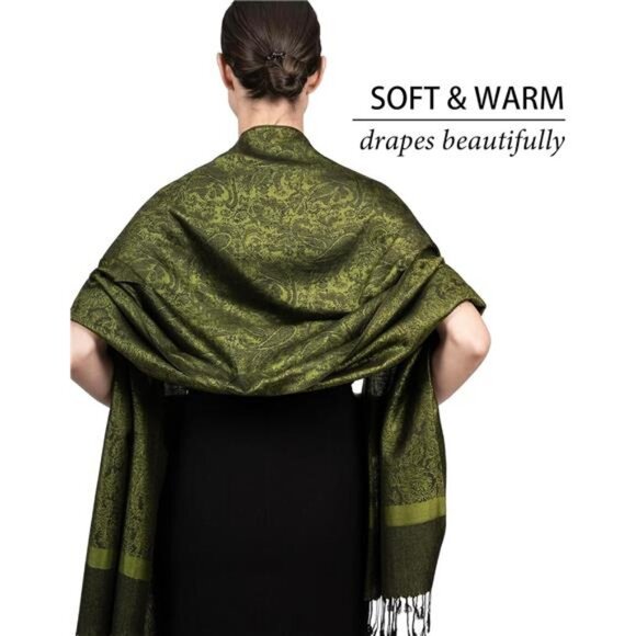 Two-Tone  Paisley Pashmina Scarf – Lightweight Olive Green - Picture 4 of 6